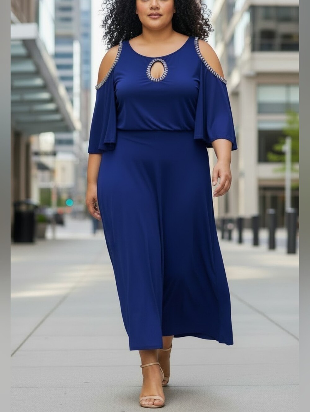 JBS Women Royal Blue Cold Shoulder Rhinestone Keyhole Maxi Dress Size 3X